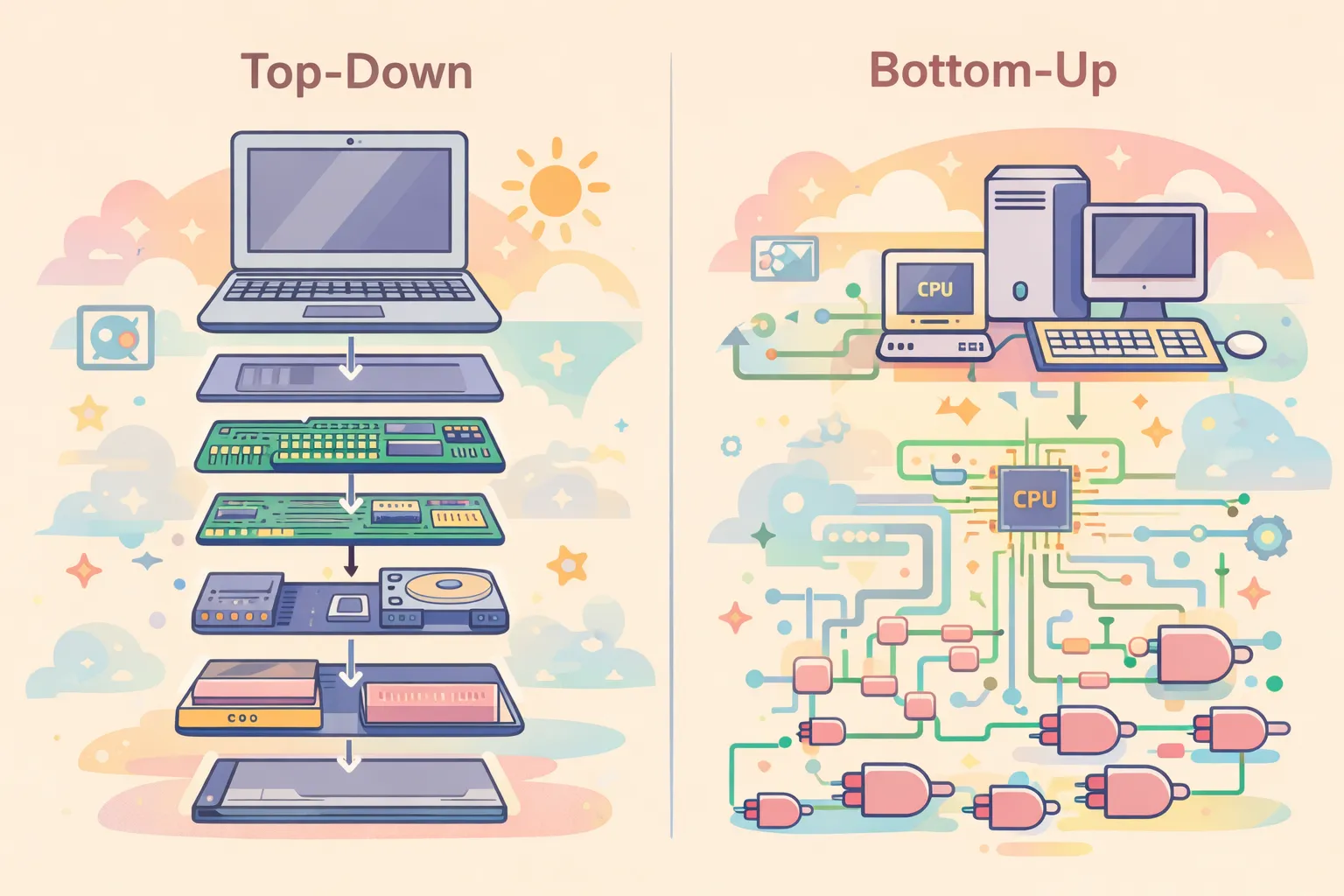 トップダウン(完成品から分解)とボトムアップ(NANDゲートから組み上げ)の対比